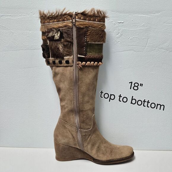 Apepazza Ninfa Boots Womens 9.5 Tan Suede Leather Wedge Boho Tribal Patchwork - Picture 3 of 14